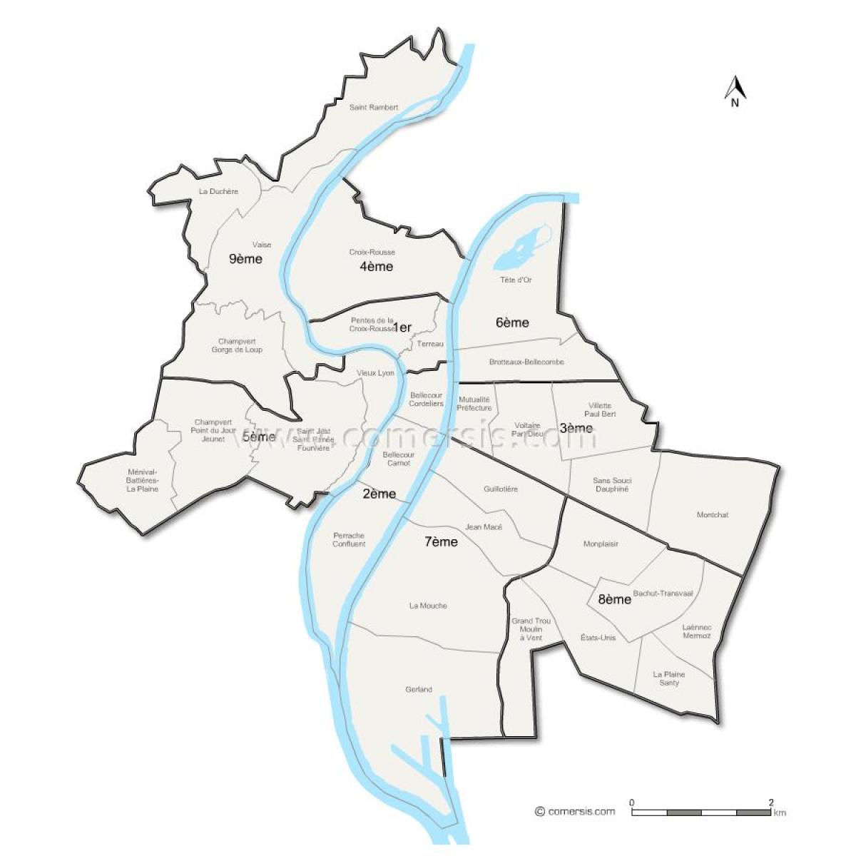 mappa di Lione arrondissement