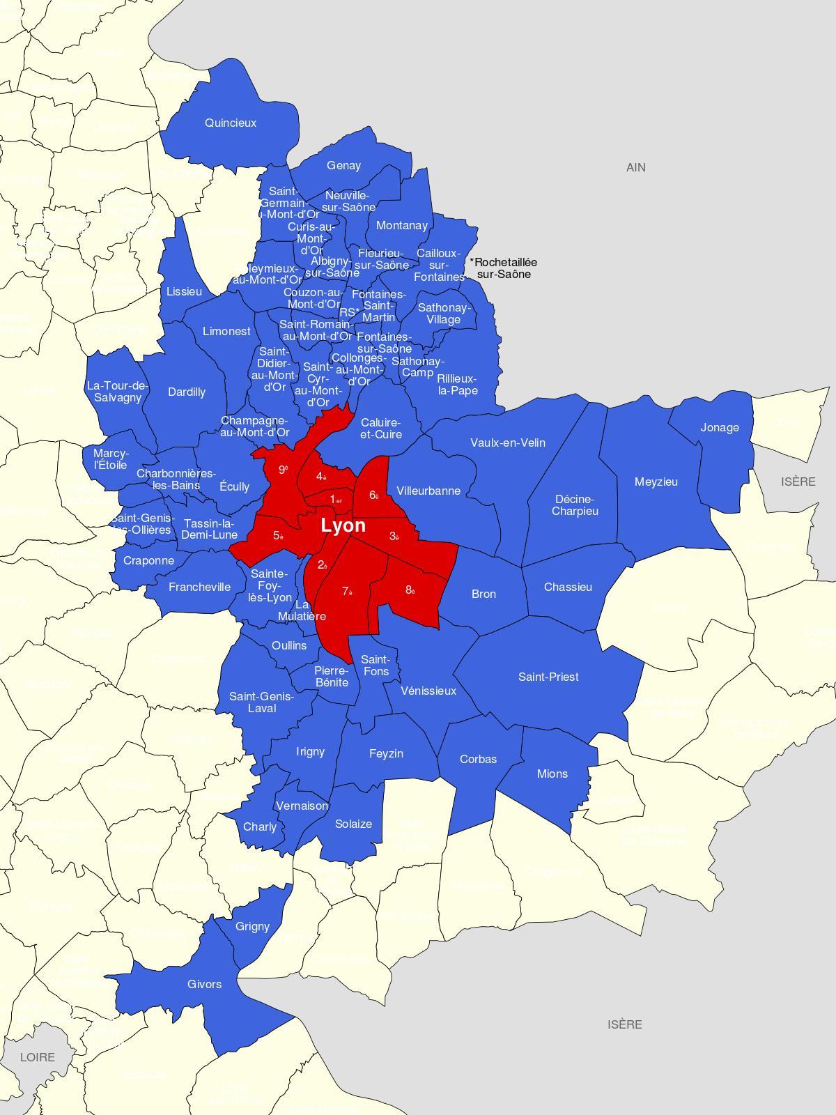 mappa di Lione sobborghi 